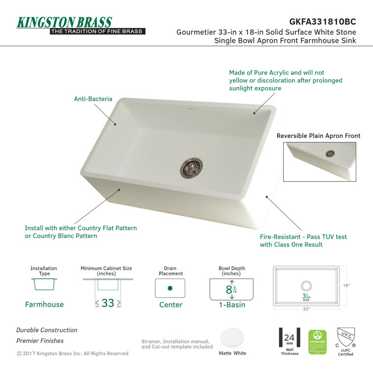 Matte White Stone Apron-Front Single Bowl Farmhouse Kitchen Sink