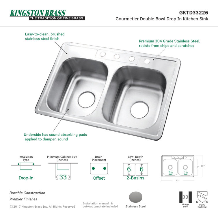 Brushed Stainless Steel Double Bowl Drop-In Kitchen Sink