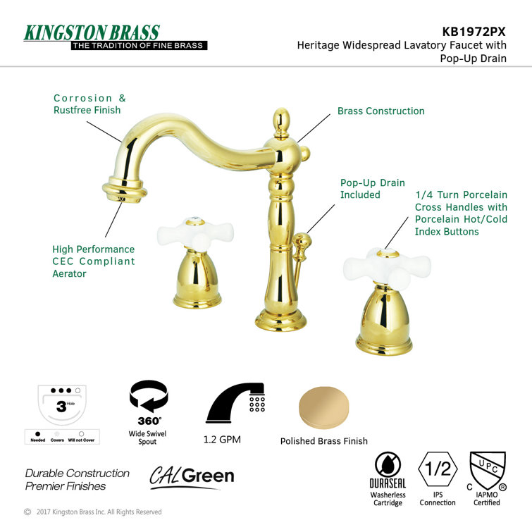 Heritage Polished Brass Widespread Bathroom Faucet with Drain Assembly