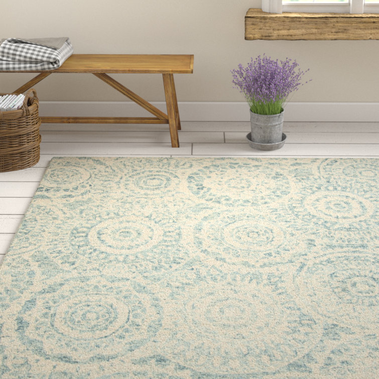 Ivory and Blue Abstract Handmade Wool 6' x 9' Area Rug