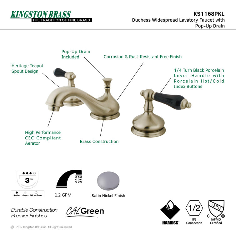Duchess Brushed Nickel Widespread Bathroom Faucet with Porcelain Handles