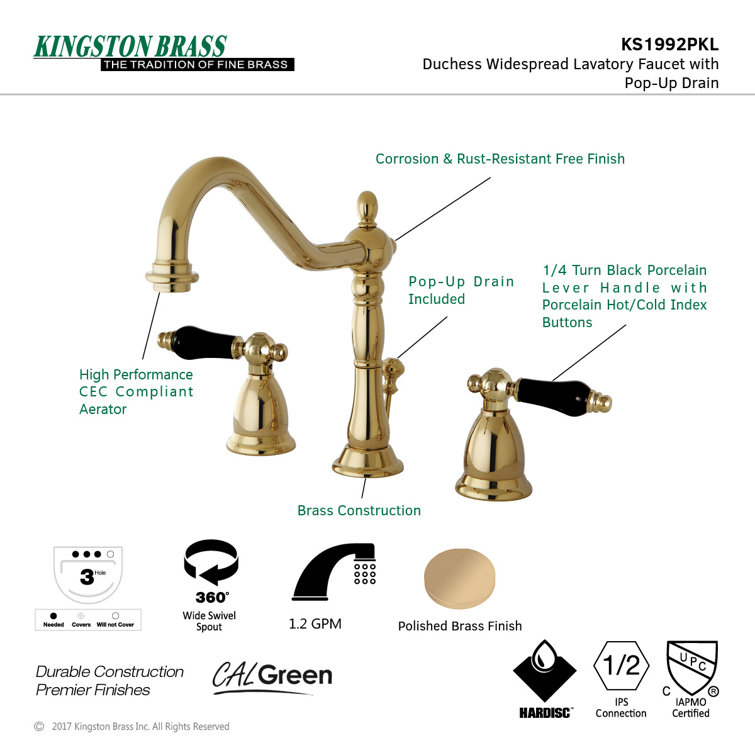 Duchess Polished Brass Widespread Bathroom Faucet with Porcelain Handles