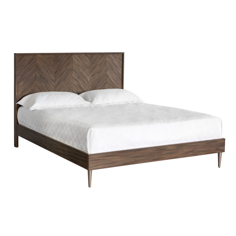 Queen Brown Metal Frame Bed with Wood Chevron Headboard