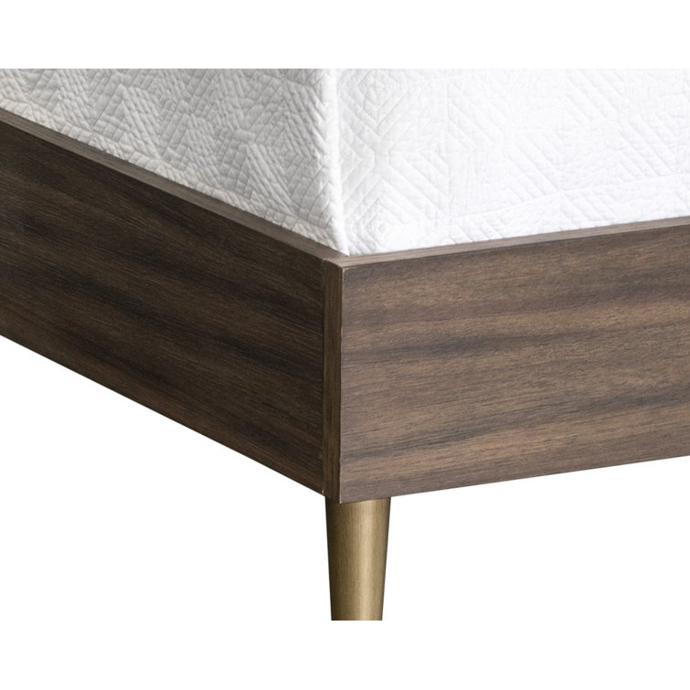 Queen Brown Metal Frame Bed with Wood Chevron Headboard