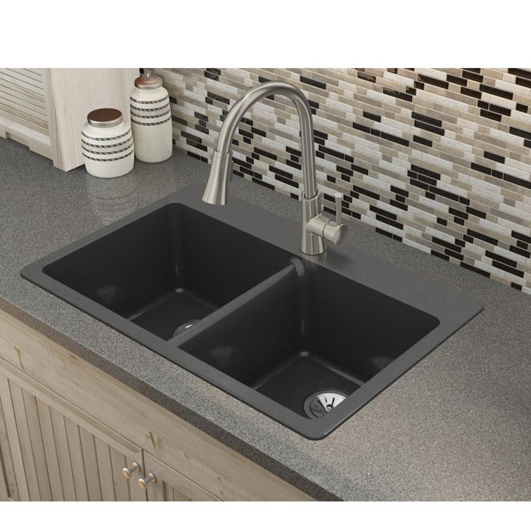Caviar Black Quartz Double Bowl Drop-In Kitchen Sink