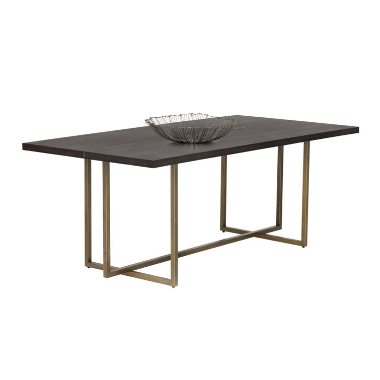Dark Brown Rectangular Wood Dining Table with Gold Metal Frame