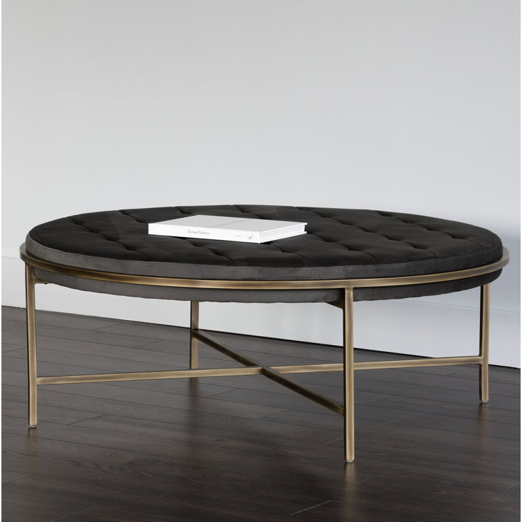 Gray Tufted Round Upholstered Ottoman with Bronze Frame