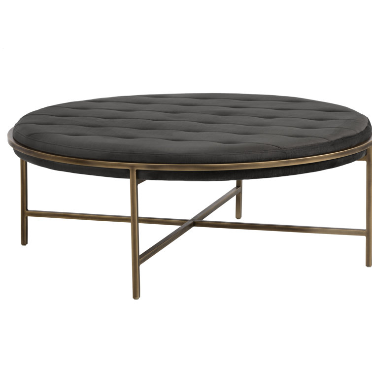 Gray Tufted Round Upholstered Ottoman with Bronze Frame