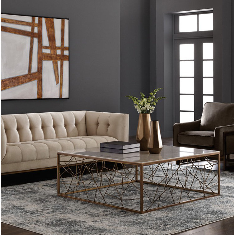 White Marble and Bronze Square Coffee Table