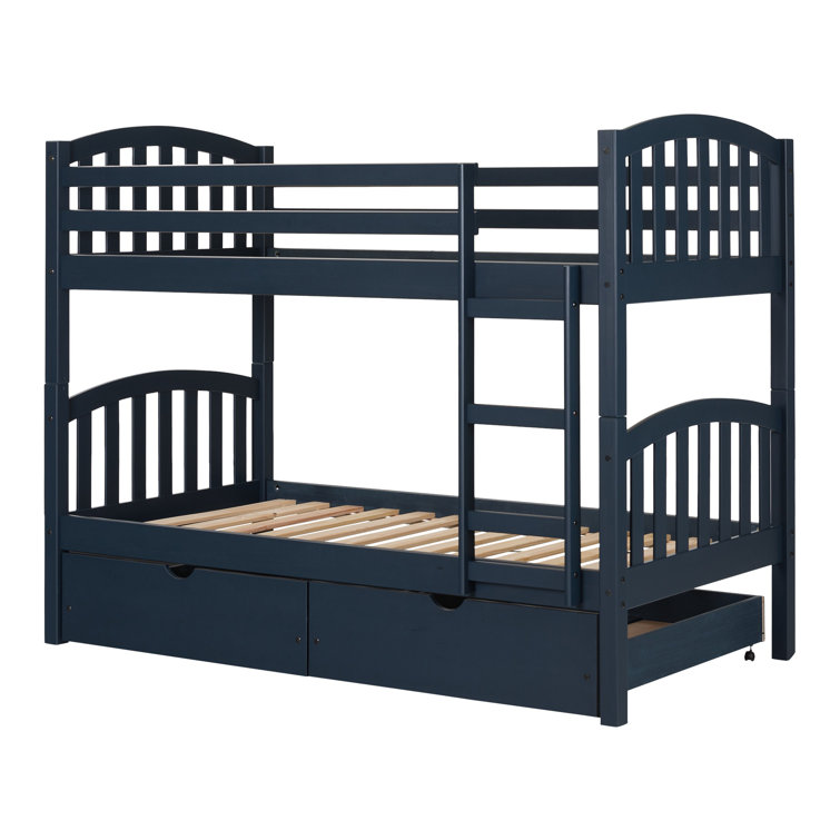 Navy Blue Twin Bunk Bed with Storage Drawers and Pine Frame