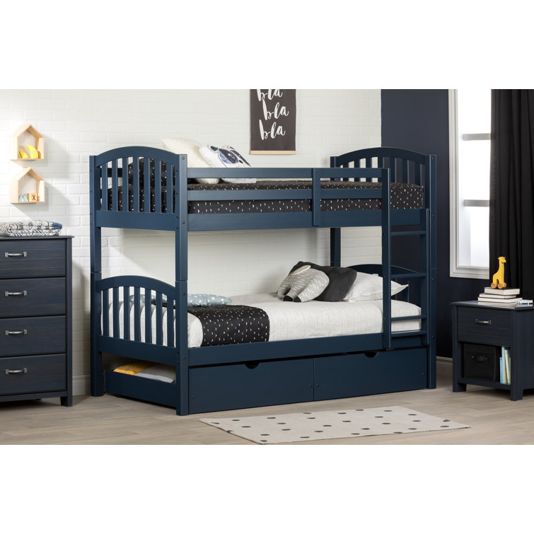 Navy Blue Twin Bunk Bed with Storage Drawers and Pine Frame