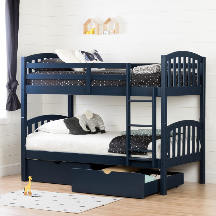 Navy Blue Twin Bunk Bed with Storage Drawers and Pine Frame