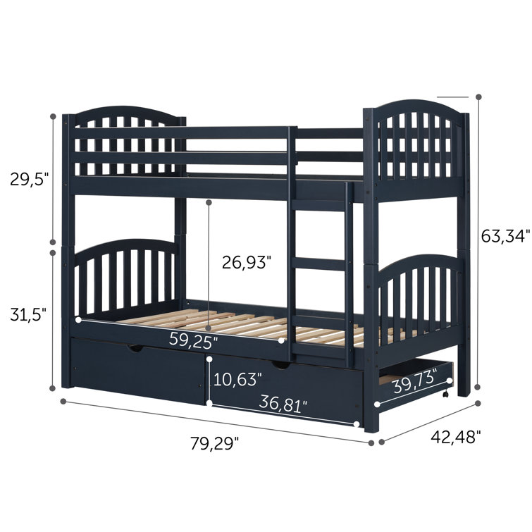Navy Blue Twin Bunk Bed with Storage Drawers and Pine Frame