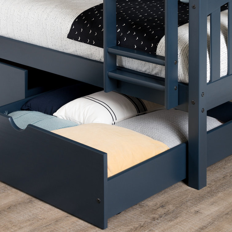 Navy Blue Twin Bunk Bed with Storage Drawers and Pine Frame