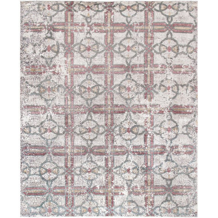 Ivory and Multi Hand-Knotted Wool Silk Area Rug
