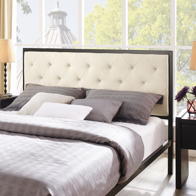 Beige Tufted Upholstered King Bed with Metal Frame