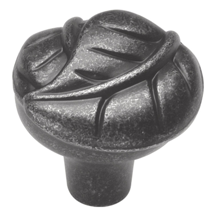 Pewter Leaf Design Round Cabinet Knob with Mounting Hardware