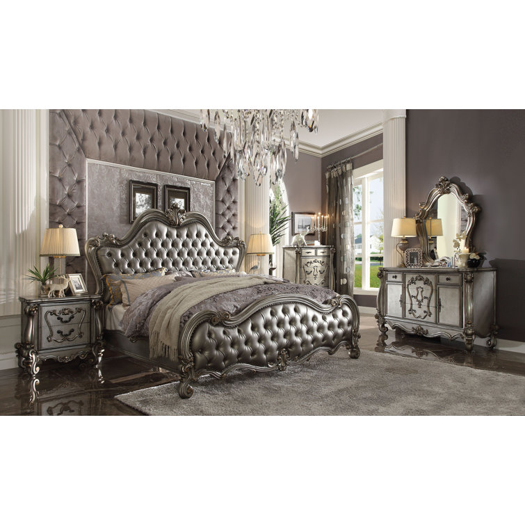 Antique Platinum Versailles Vanity Desk with Bench and Mirror