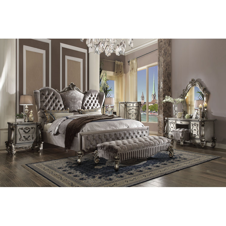 Gray Upholstered Bench with Button Tufted Seat and Scrolled Legs