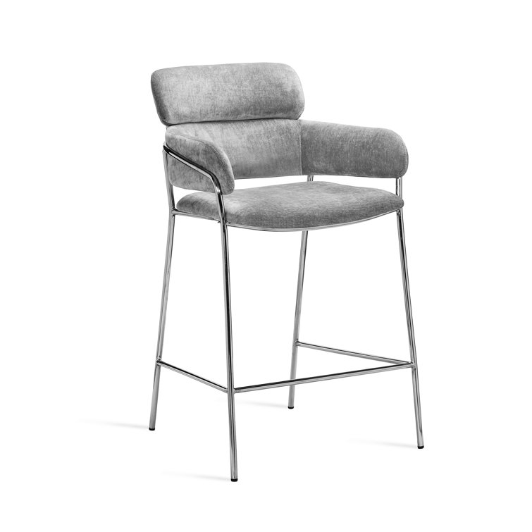 Luxurious Ocean Grey Chenille Counter Stool with Stainless Steel Frame