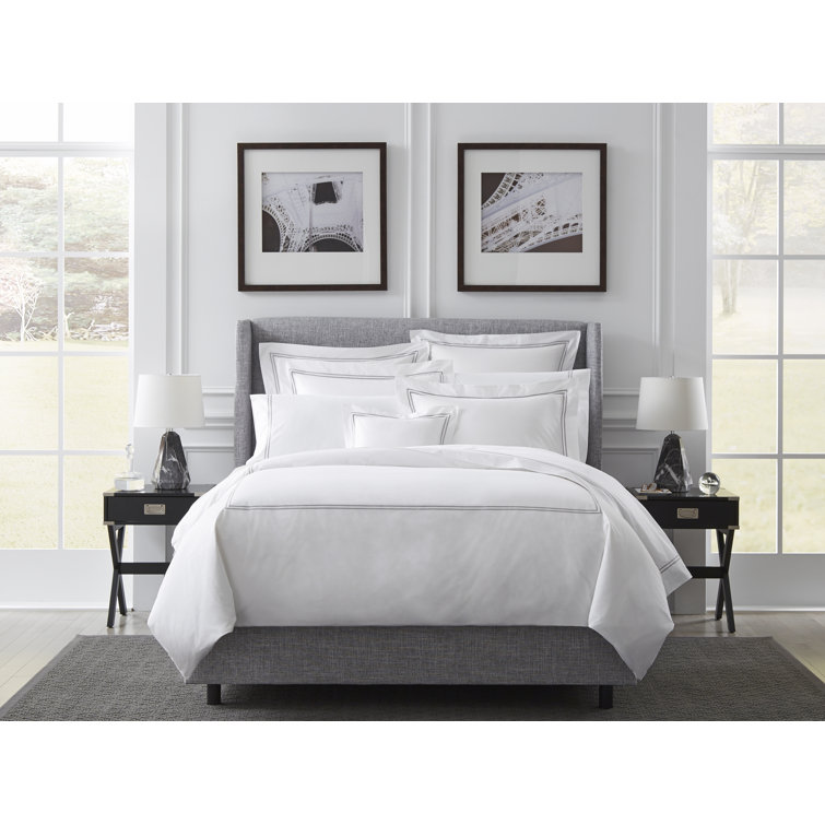 White and Grey Cotton Satin Embroidered Pillowcase, Standard/Queen
