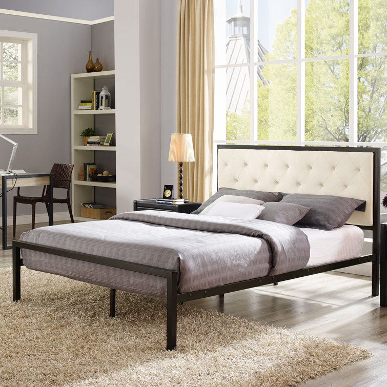 Beige Tufted Upholstered King Bed with Metal Frame