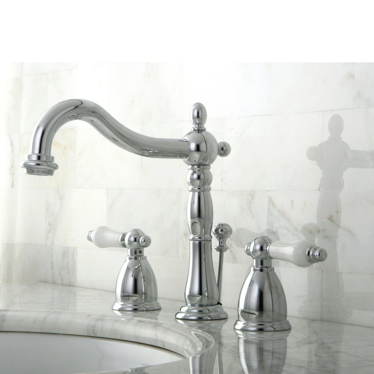 Heritage Polished Chrome Widespread Bathroom Faucet with Porcelain Lever