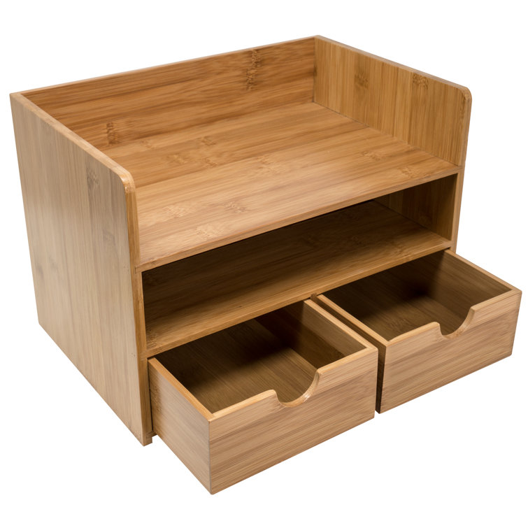 Antique Bamboo Wood Desk Organizer with 3 Drawers and Top Shelf