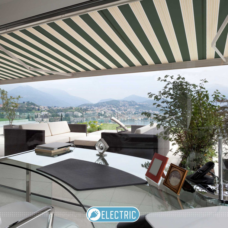 Garden Green and Sand Beige Striped Retractable Electric Awning
