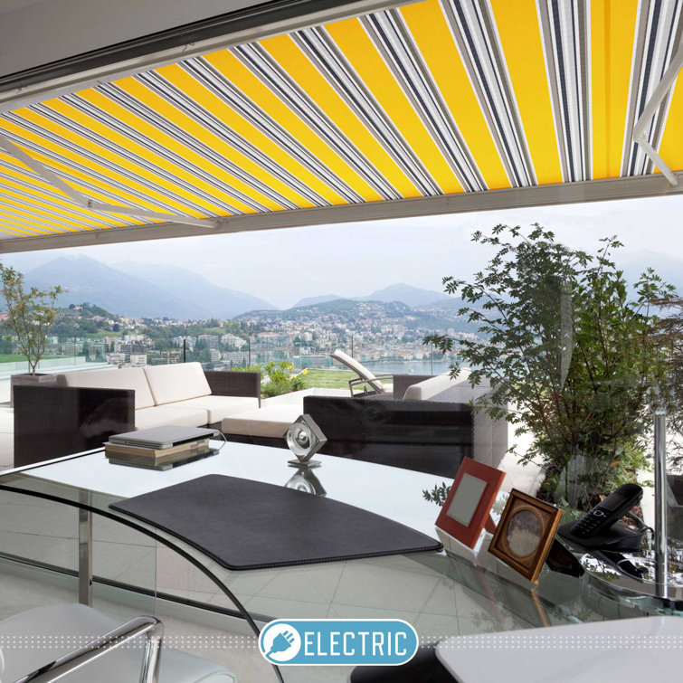 Sunny Yellow Striped Electric Retractable Patio Awning, 10 ft x 8 ft