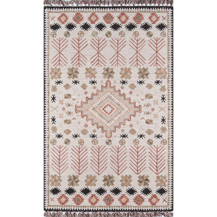 Handmade Red and Beige Wool Geometric 5' x 8' Rug