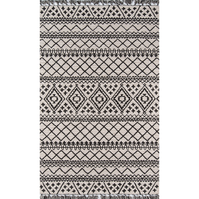 Gray and Black Geometric Wool Handmade Rectangular Area Rug