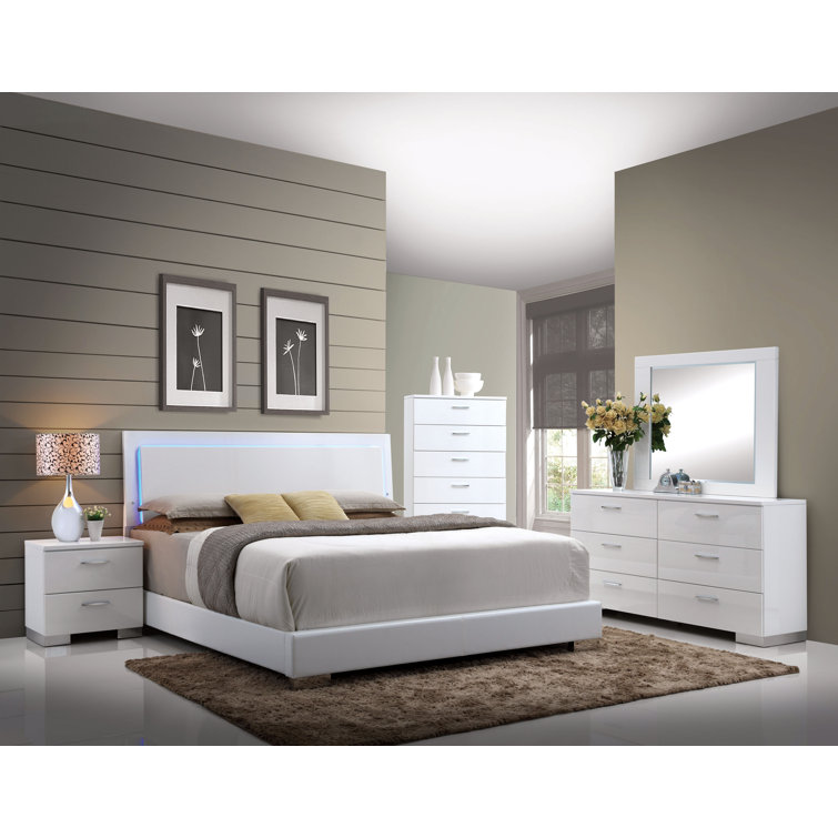 Lorimar High Gloss White Queen Bed with LED Headboard and Faux Leather