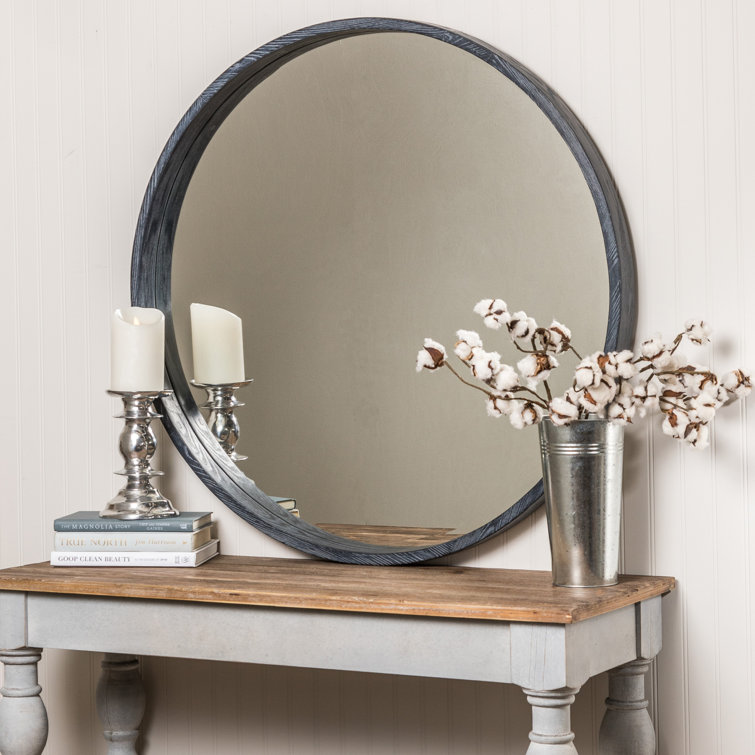 Aged Gray Round Wood Wall Mirror