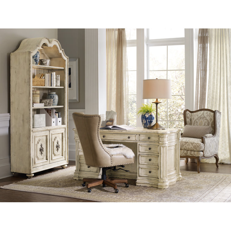 Beige Leather Swivel Executive Chair with Wood Base