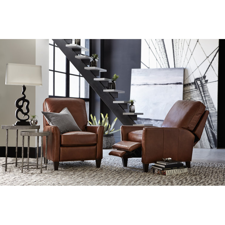 Handcrafted Brown Leather Recliner with Dark Wood Finish