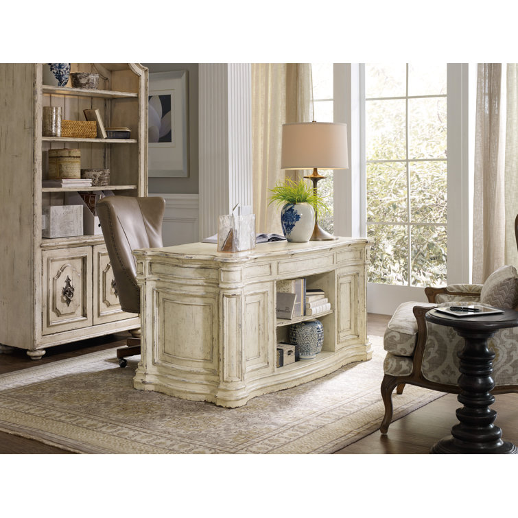 Beige Leather Swivel Executive Chair with Wood Base