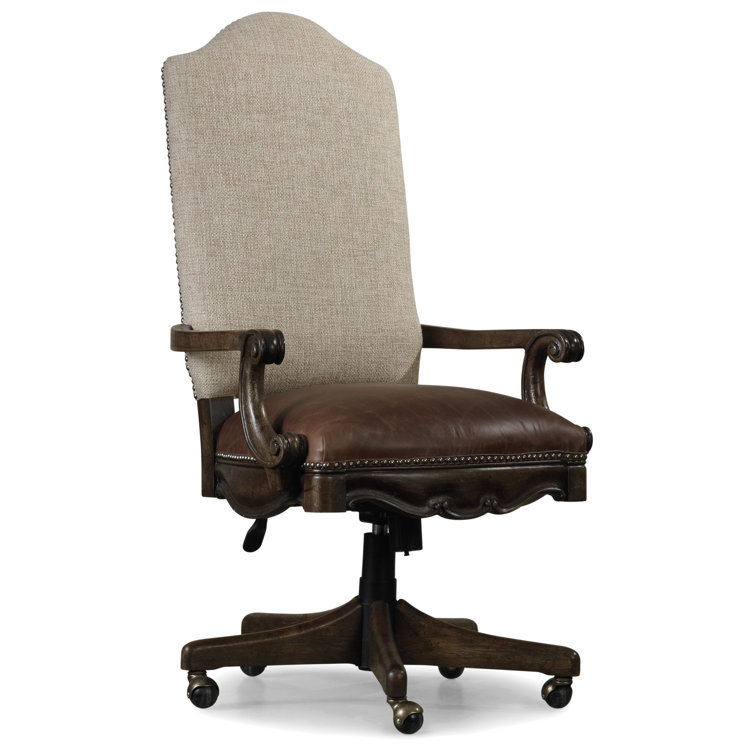 Traditional High Back Brown Leather Swivel Chair with Wood Base