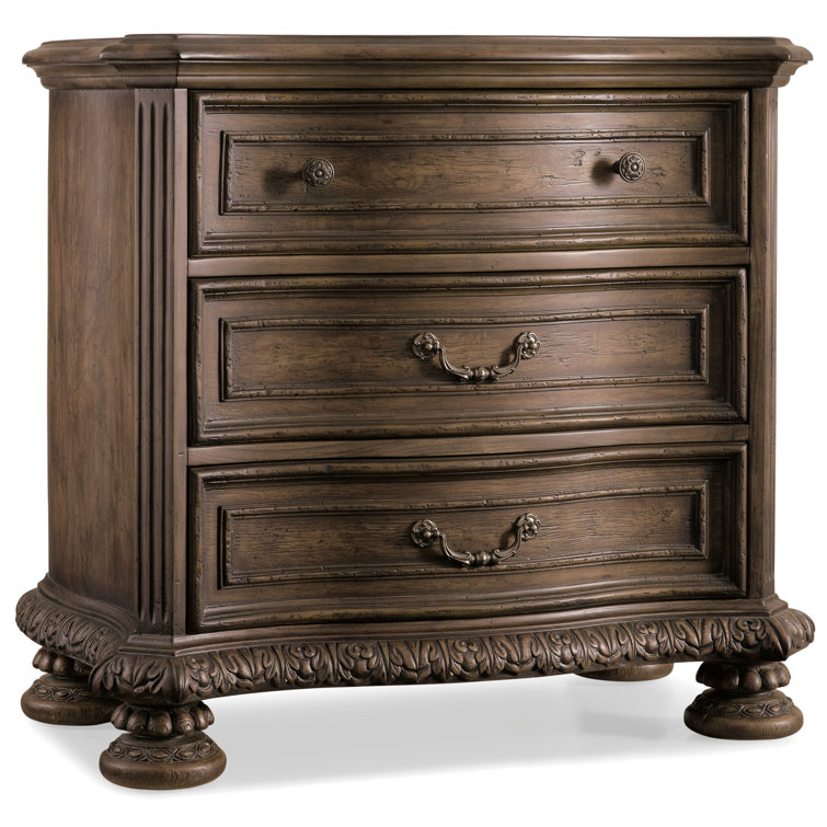 Traditional Walnut 3-Drawer Nightstand with Carved Details