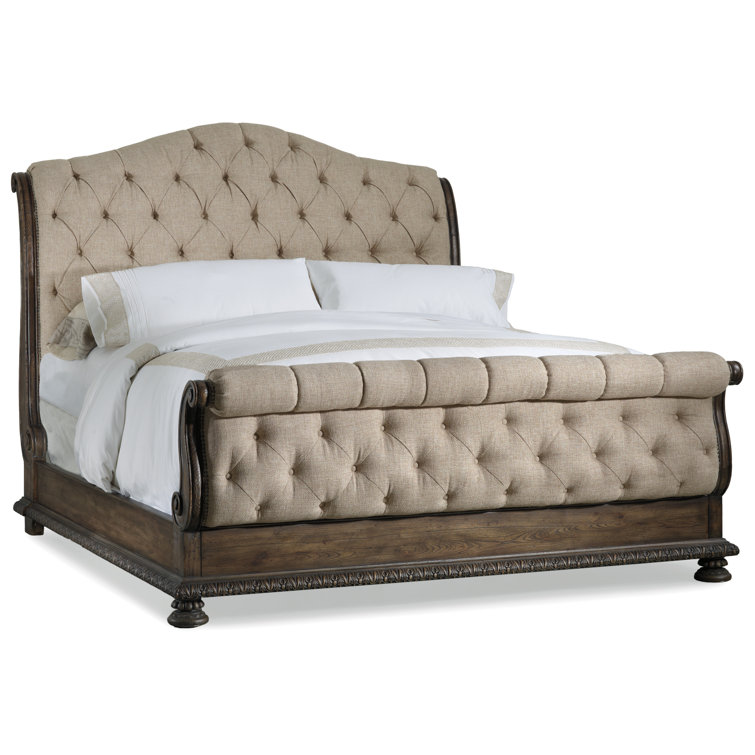 King-Sized Traditional Sleigh Bed with Tufted Beige Upholstery