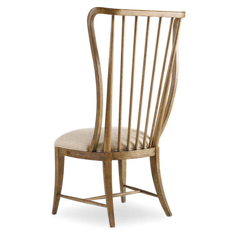 Tall Brown Wood Windsor Side Chair with Linen Upholstery