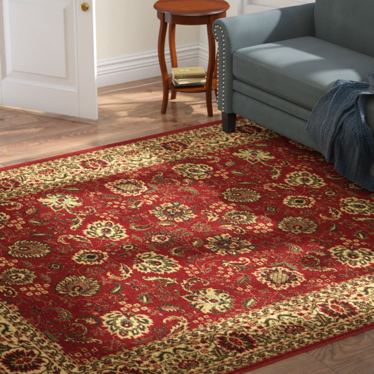 Dark Red Floral Synthetic Traditional Area Rug, 5' x 6'6"