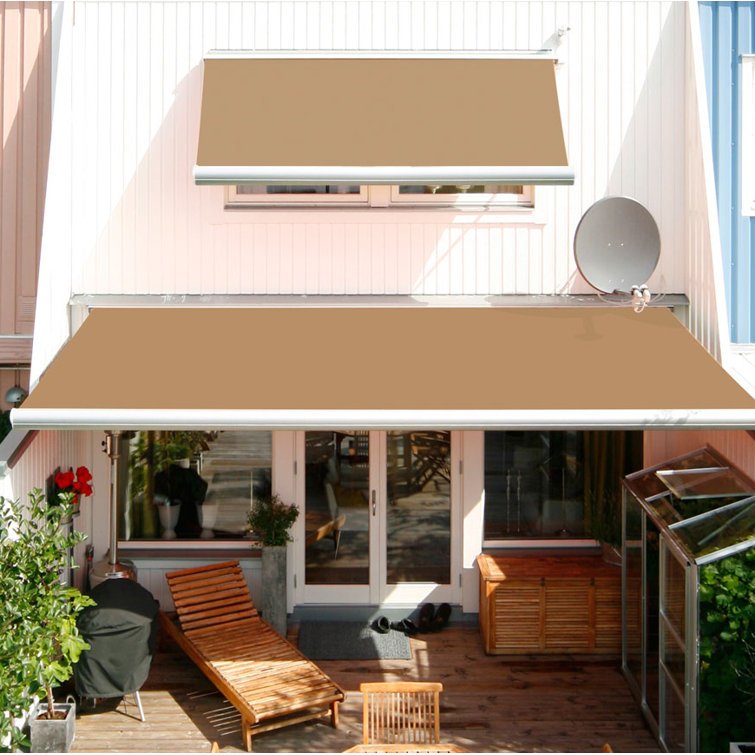 Garden Green and Sand Beige Striped Retractable Electric Awning