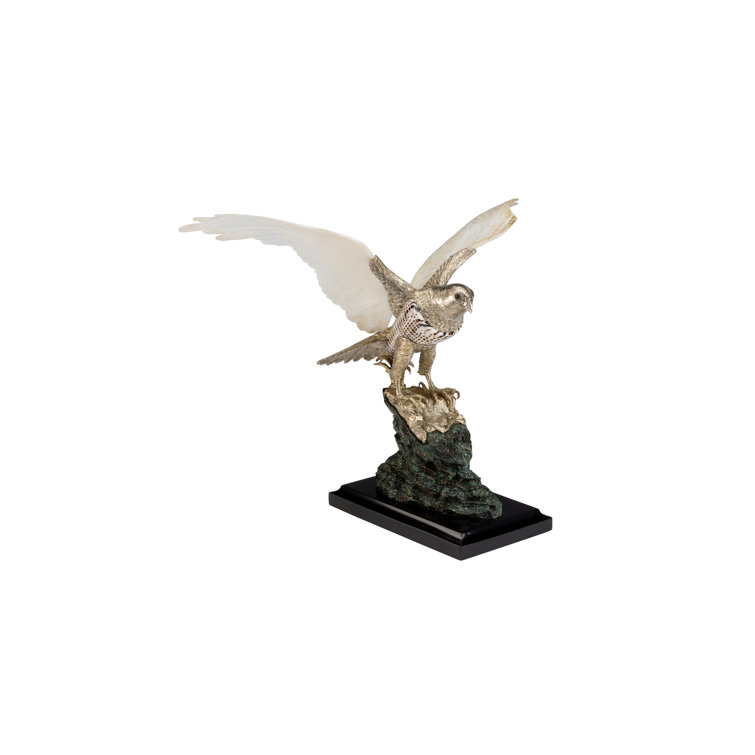 White and Green Metal Falcon Figurine with Black Base