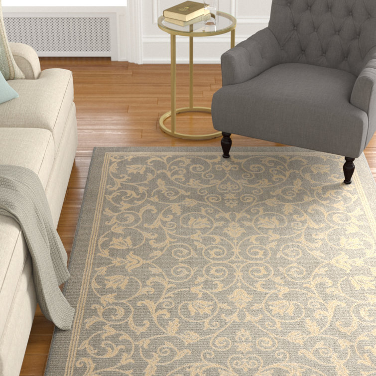 Gray Rectangular Baroque Print Synthetic Outdoor Area Rug