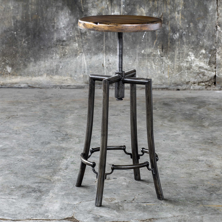 Adjustable Swivel Industrial Brown Wood and Metal Bar Stool