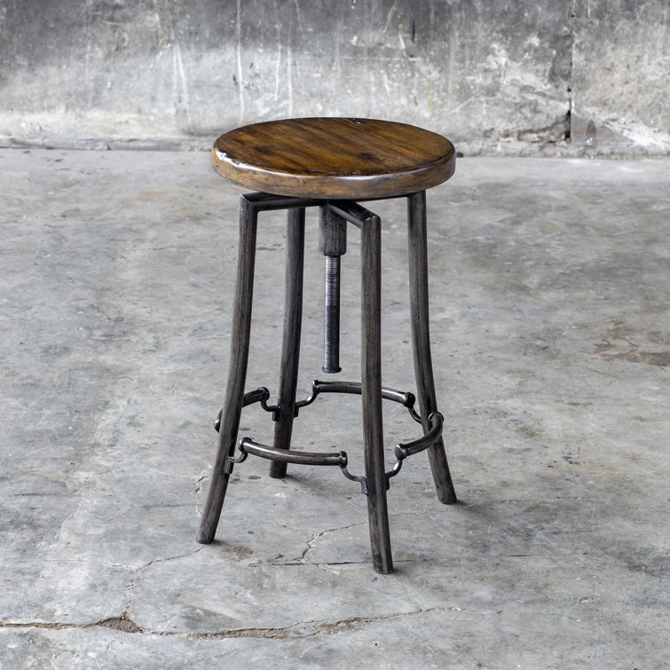 Adjustable Swivel Industrial Brown Wood and Metal Bar Stool