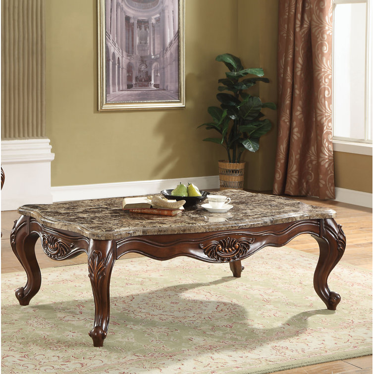 Traditional Cherry Oak and Marble Rectangular Coffee Table