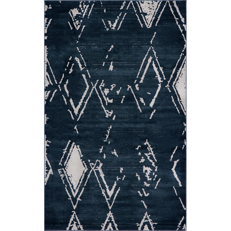 Navy Blue Geometric Rectangular Synthetic Area Rug