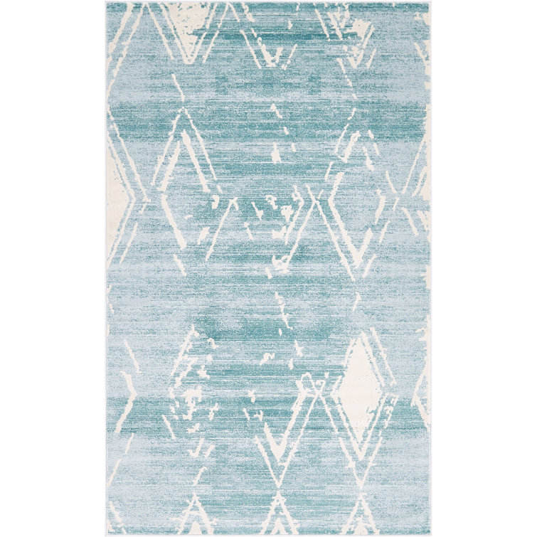 Turquoise and Ivory Rectangular Synthetic Indoor Rug, 5' x 8'